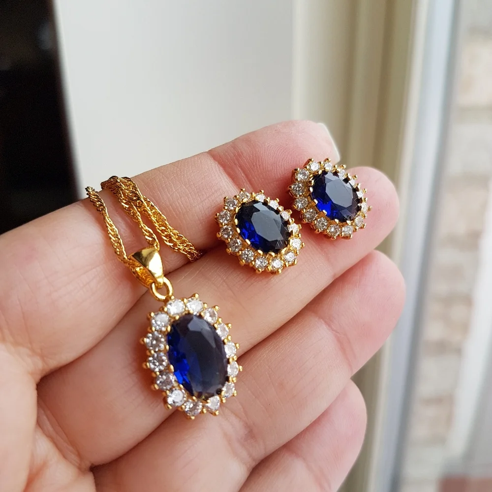 Swarovski Elements Gold 925 Sterling Silver Blue Sapphire Diana Oval Ring NEW